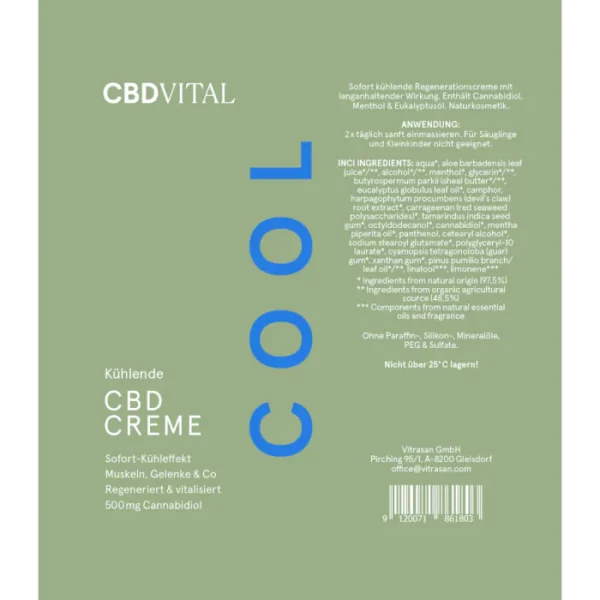Aufdruck Inhaltsstoffe CBD Vital kühlende CBD Creme